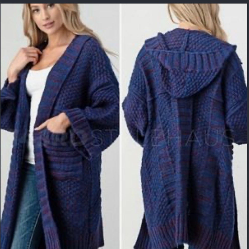 Free People Thick Knit Cozy Warm Honey Cloud Open Front Hooded Cardi Deep Purple
